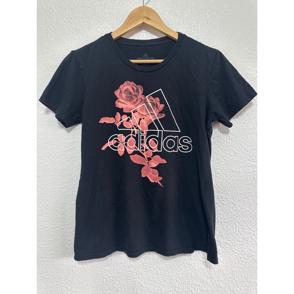 Adidas Amplifier Tee Black Pink Rose Floral Graphic Logo T-Shirt Womens Medium
